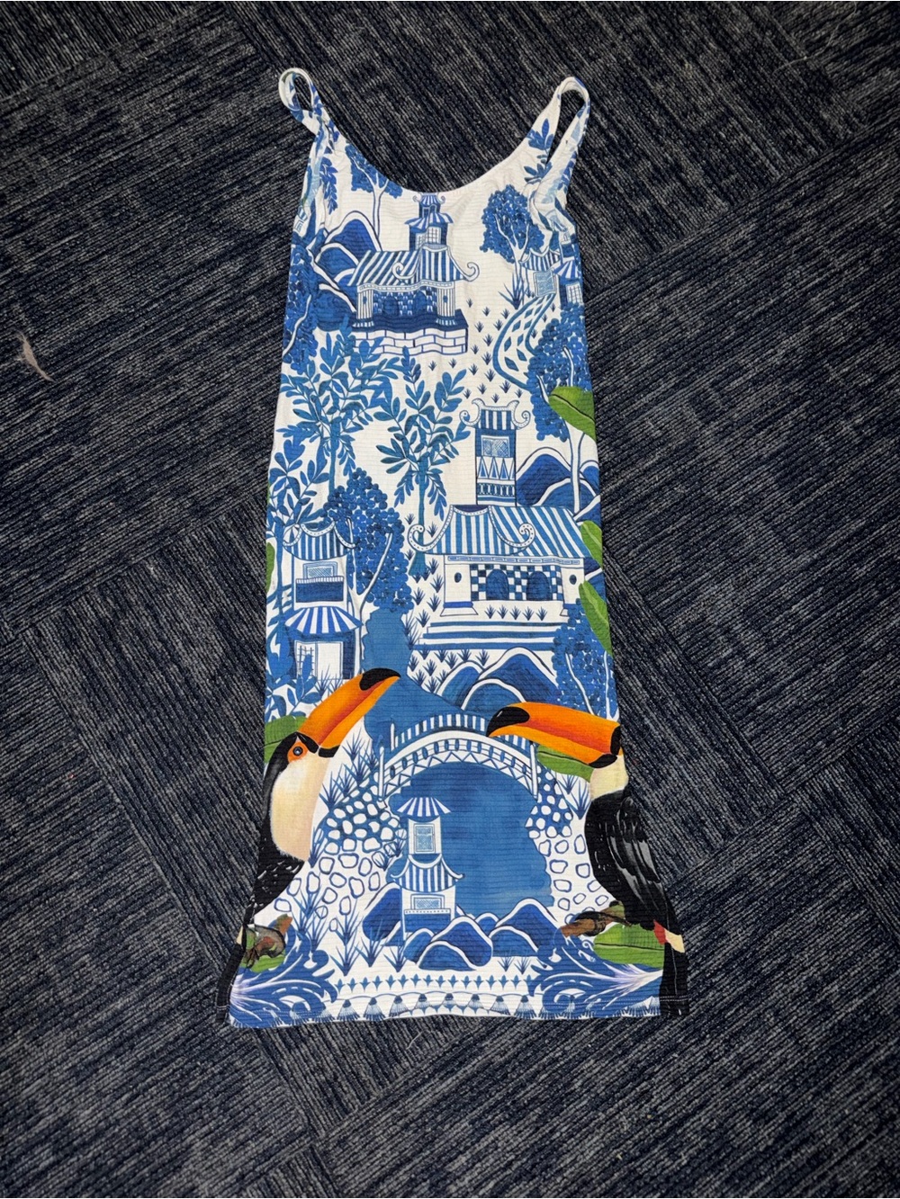FARM Rio Blue and White Striped Floral-Print Slip Dress